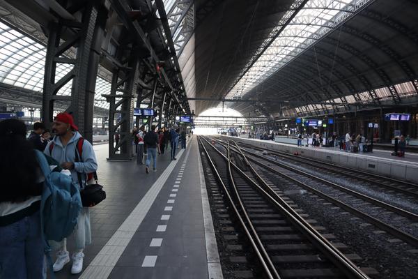 The photo captures a bustling train station platform with numerous people waiting